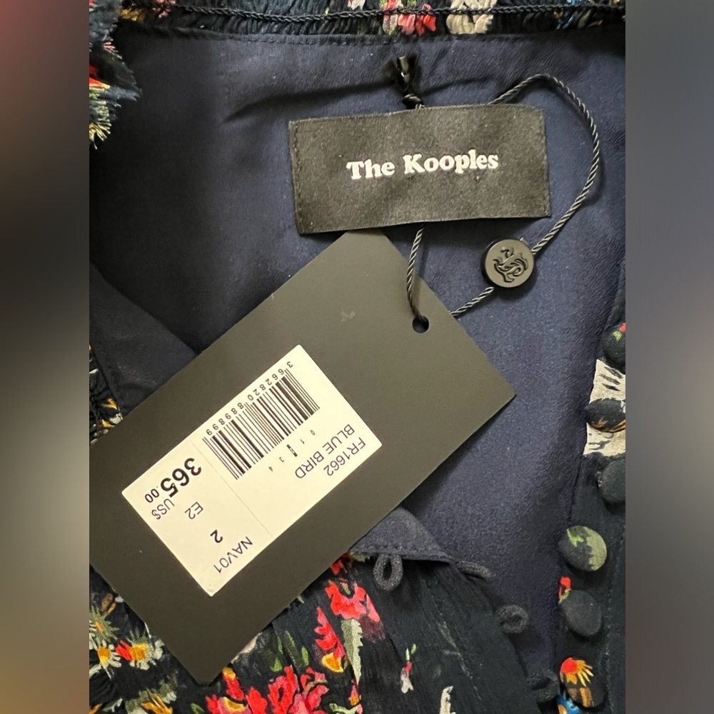 The Kooples Navy Blue Bird Print Silk Chiffon Dress Size Medium Ruffle Mini - Picture 13 of 16